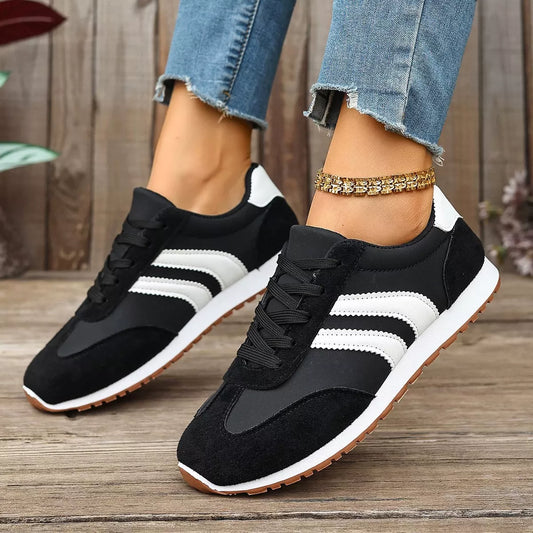 Striped Lace-Up Casual Sneakers - Black