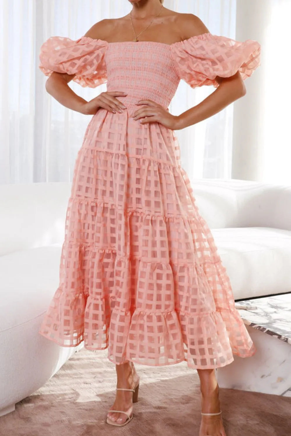 Off Shoulder Short Puff Sleeve Midi Dress -