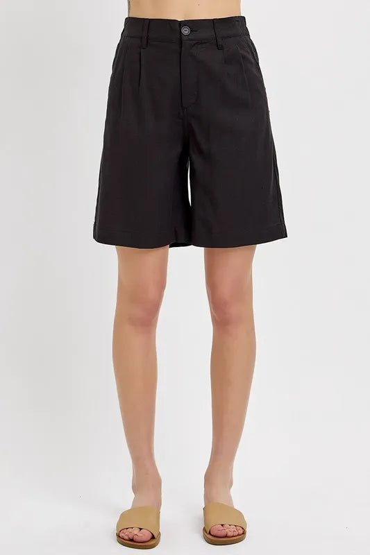 High Rise Pleated Front Shorts - Black