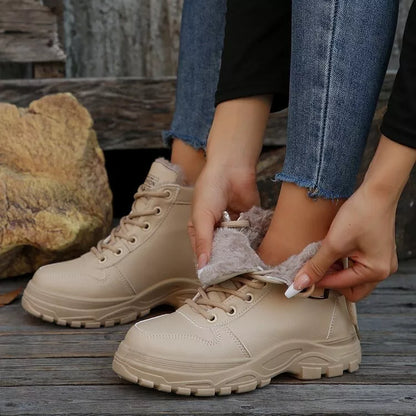Warm Lined Ankle Boots with Buckle Detail - Beige