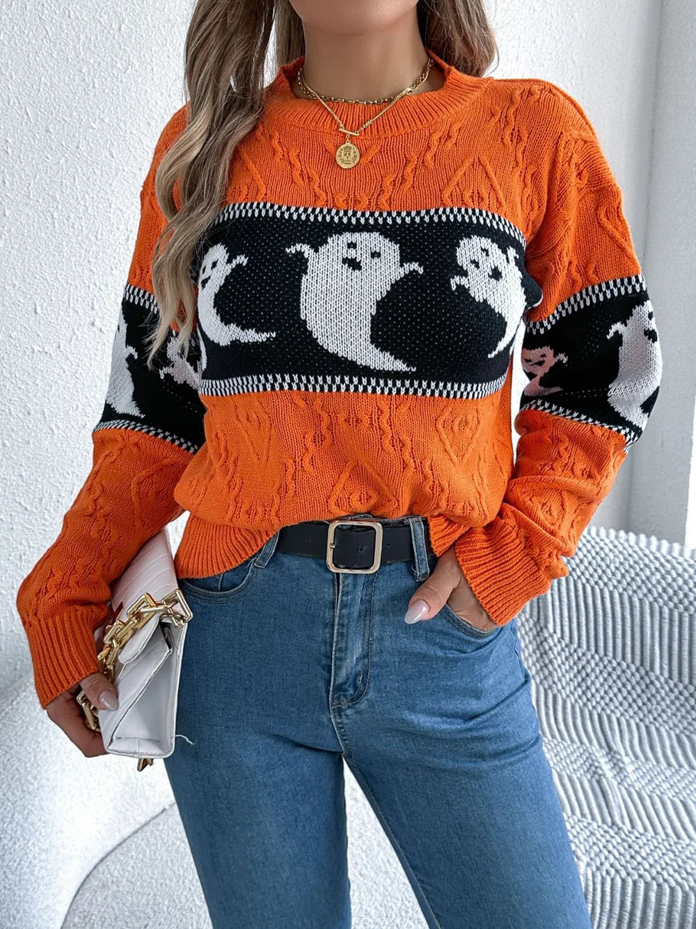 Ghost Round Neck Long Sleeve Sweater - Orange