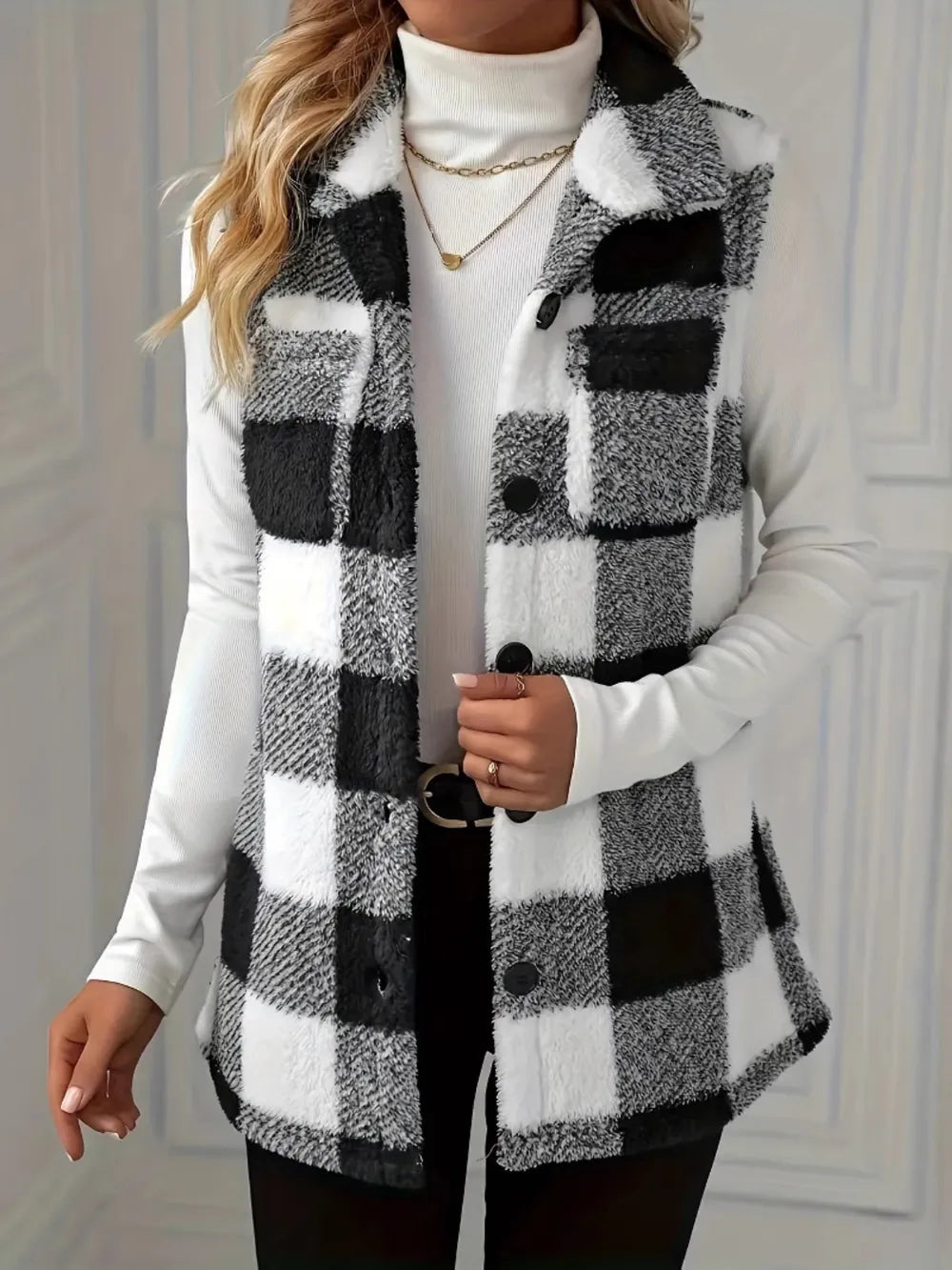 Plaid Button Up Vest Coat - Black