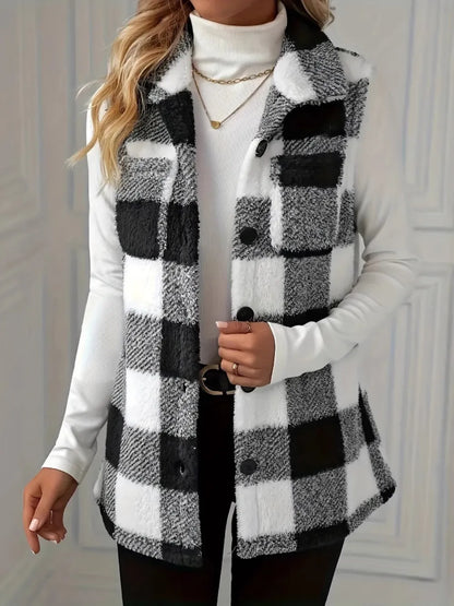 Plaid Button Up Vest Coat - Black