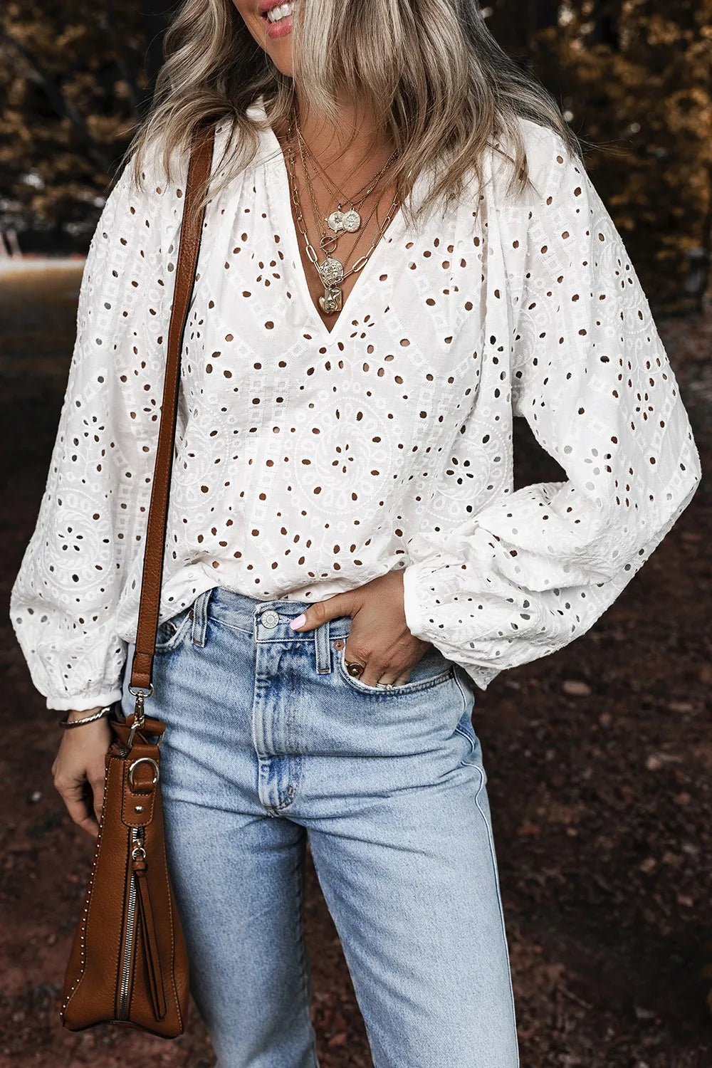 Eyelet V-Neck Long Sleeve Blouse - White