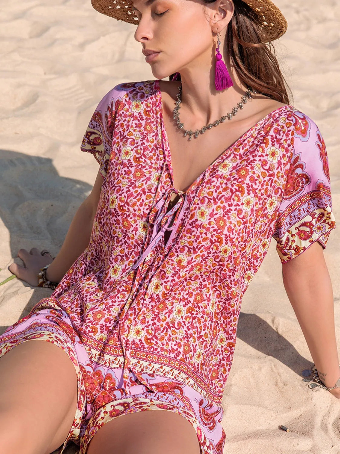 Printed V-Neck Short Sleeve Romper -