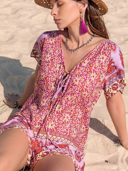 Printed V-Neck Short Sleeve Romper -
