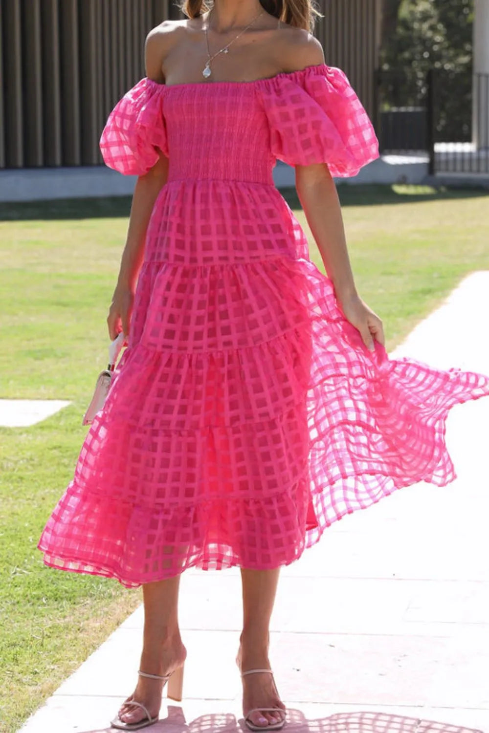 Off Shoulder Short Puff Sleeve Midi Dress -
