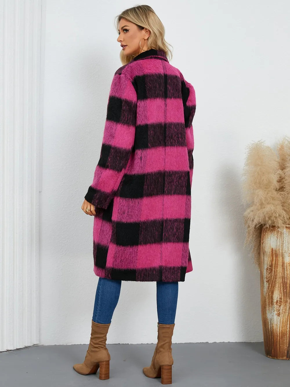 Plaid Double-Breasted Long Sleeve Coat - Hot Pink