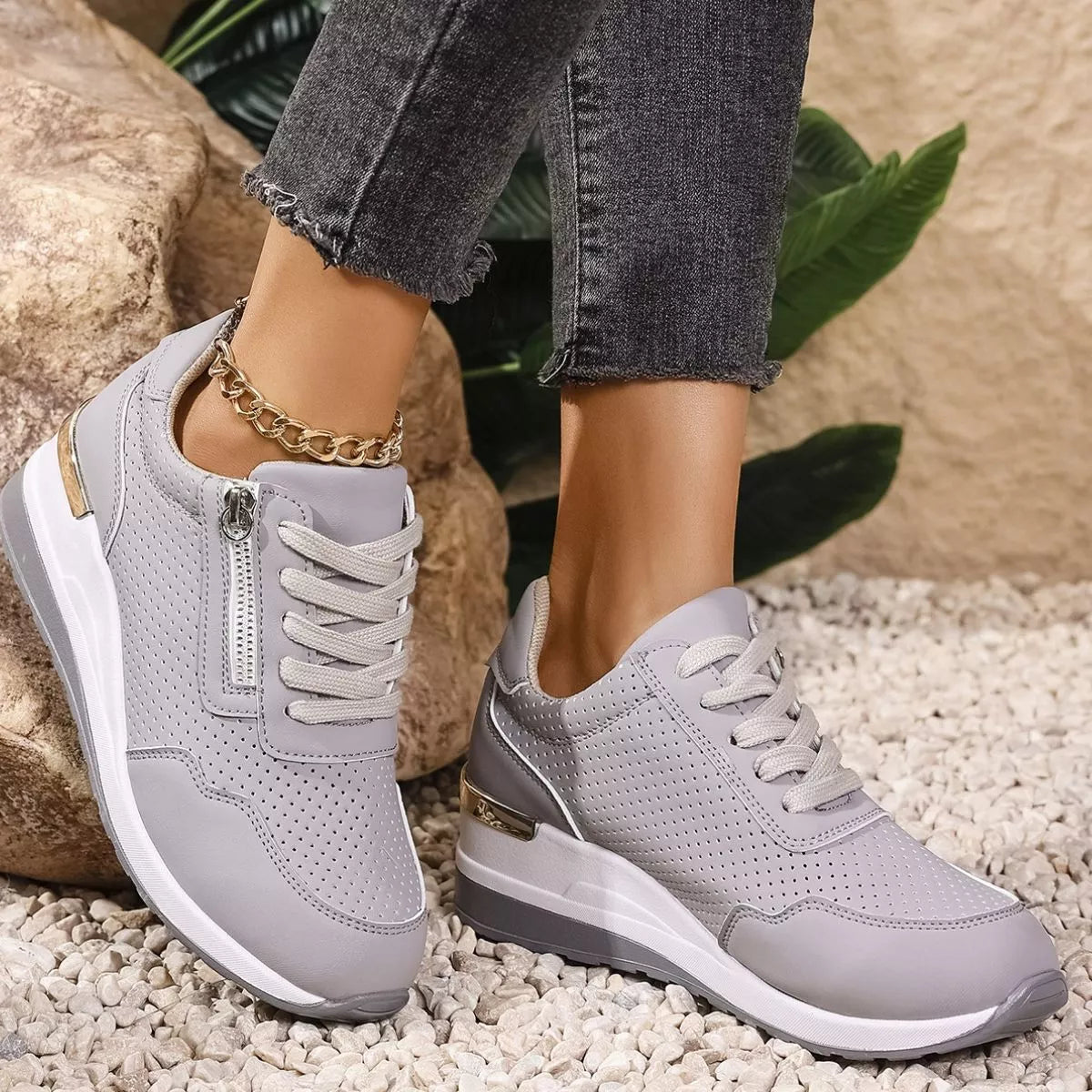 Lace Up Wedge Sneakers - Gray