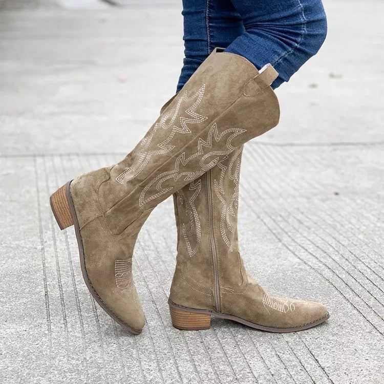 Point Toe Block Heels Boots - Khaki