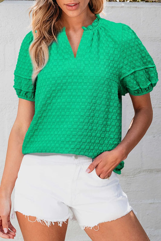 Textured Puff Short Sleeve Notched Top - Green