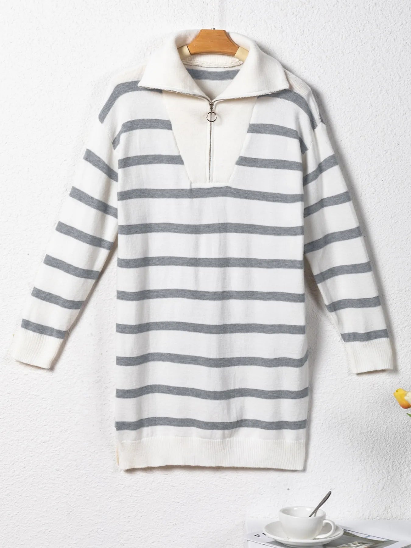 Striped Collared Loose Sweater Mini Dress -