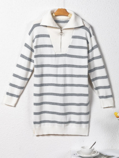 Striped Collared Loose Sweater Mini Dress -