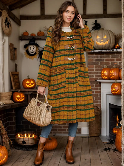 Plaid Long Sleeve Hooded Coat - Mustard