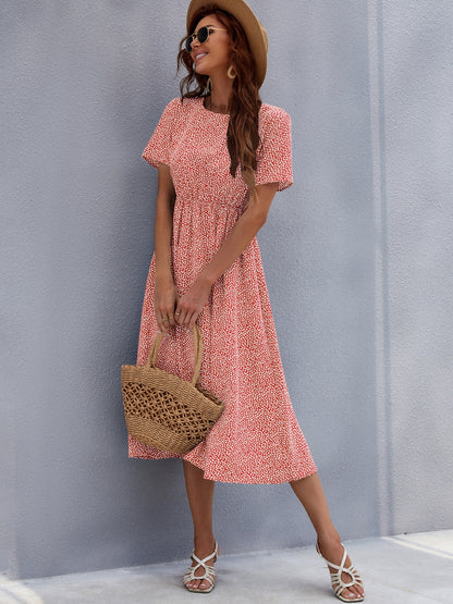 Printed Round Neck Short Sleeve Midi Dress