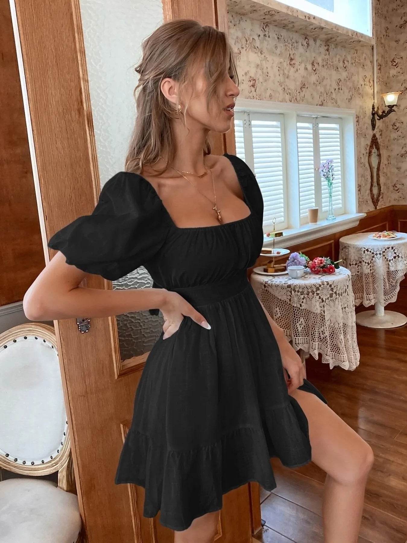 Square Neck Puff Sleeve Mini Dress -