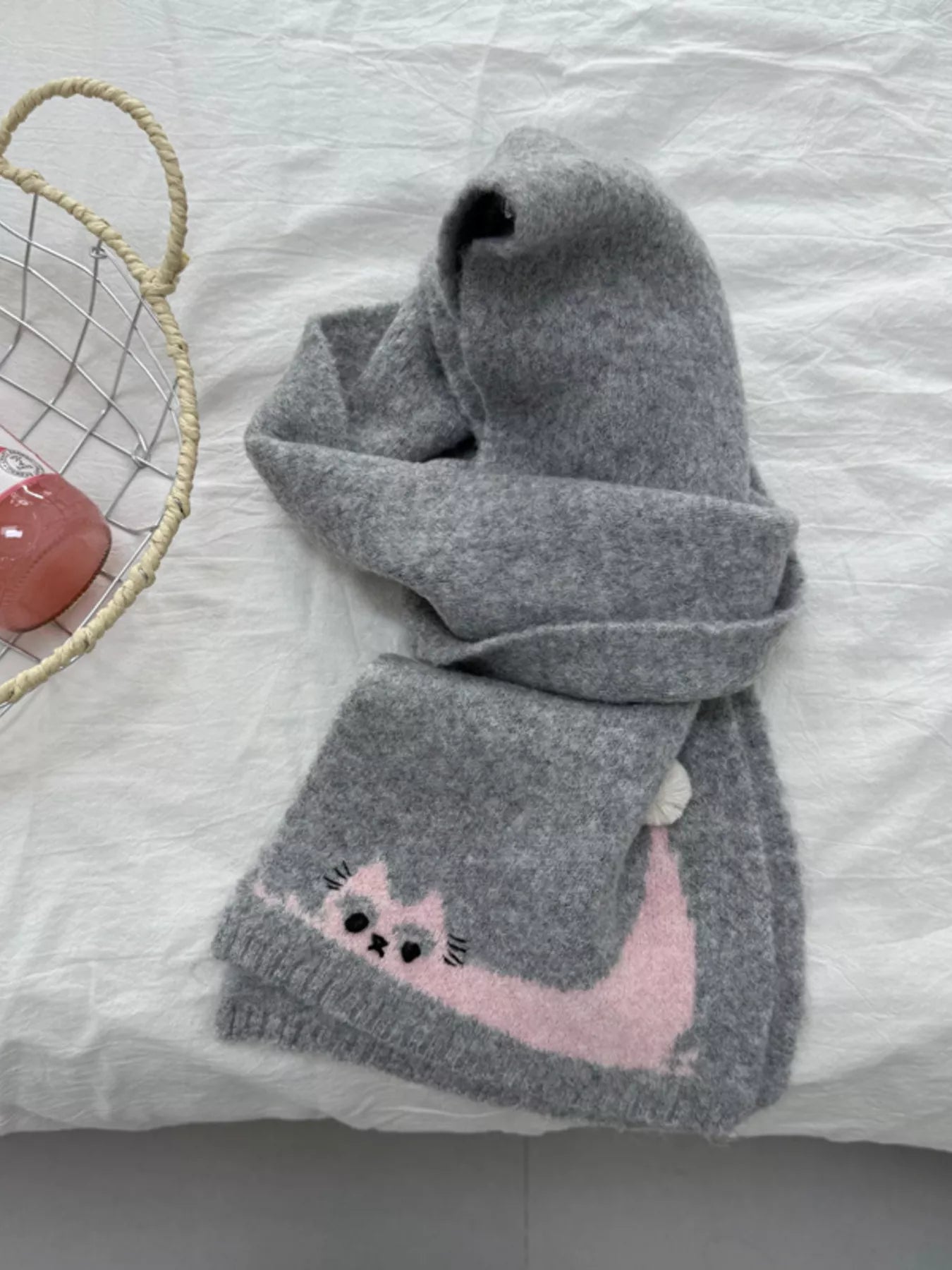 Cute Cat Knitted Scarf - Gray One Size