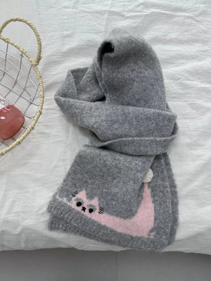 Cute Cat Knitted Scarf - Gray One Size