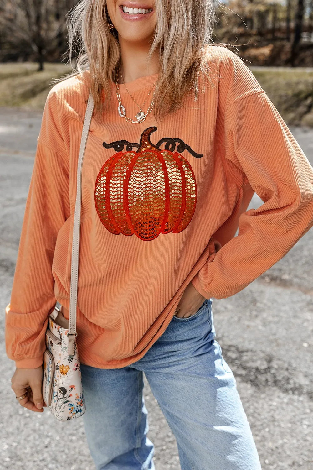 Sequin Pumpkin Round Neck Long Sleeve Sweatshirt -