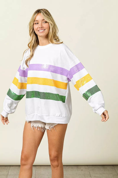 Sequin Mardi Gras Striped Round Neck Sweatshirt -