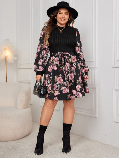 Plus Size Tied Printed Long Sleeve Dress - Black