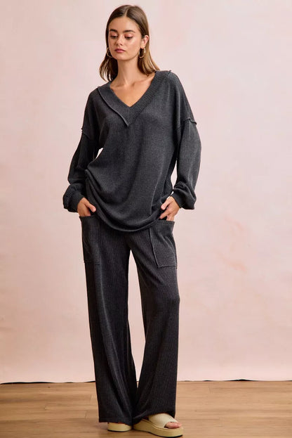 Two Tone Cord Rib V-Neck Top and Pants Set - Black Charcoal