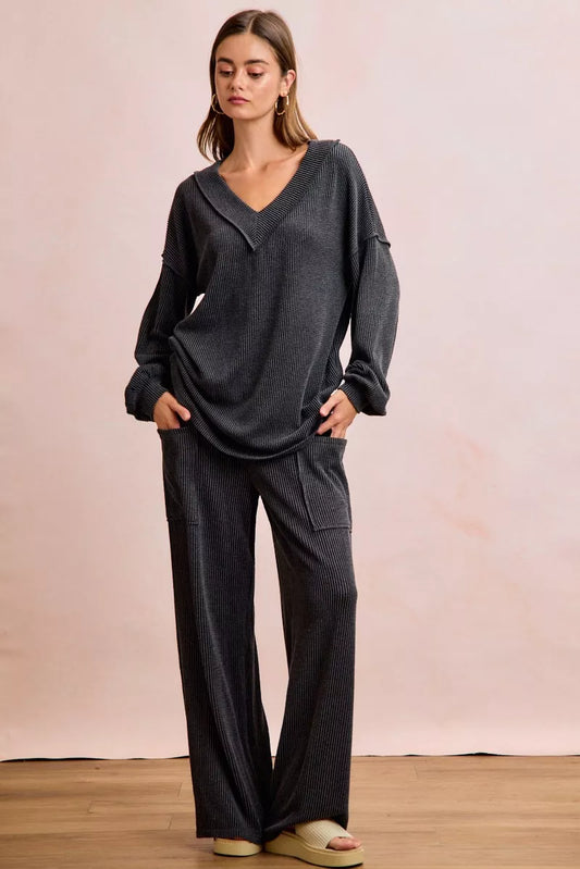 Two Tone Cord Rib V-Neck Top and Pants Set - Black Charcoal