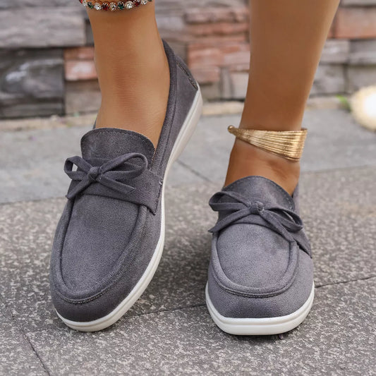 Bow Round Toe Slip-Ons - Gray