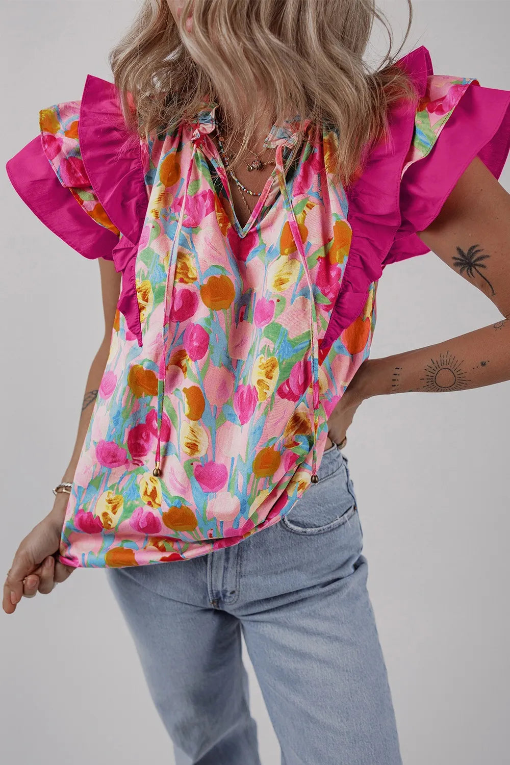 Floral Ruffle Layered Sleeve Blouse - Hot Pink