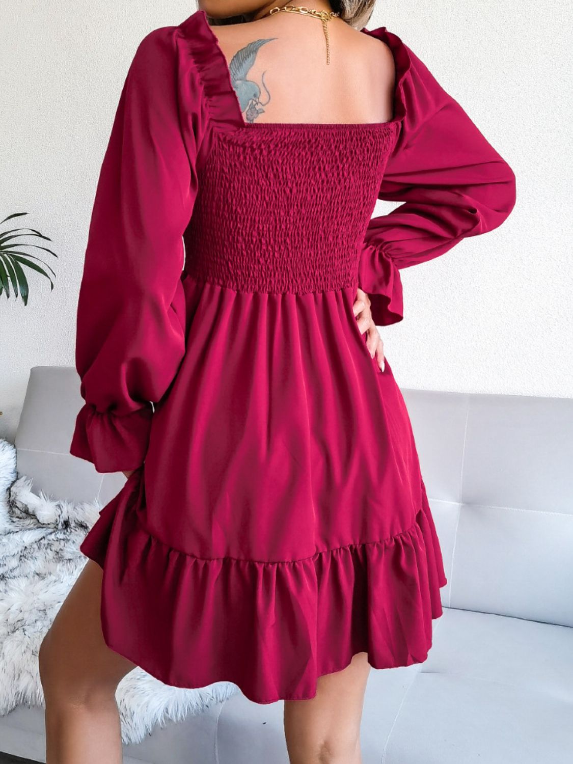 Smocked Flounce Sleeve Square Neck Dress | AdoreStarr