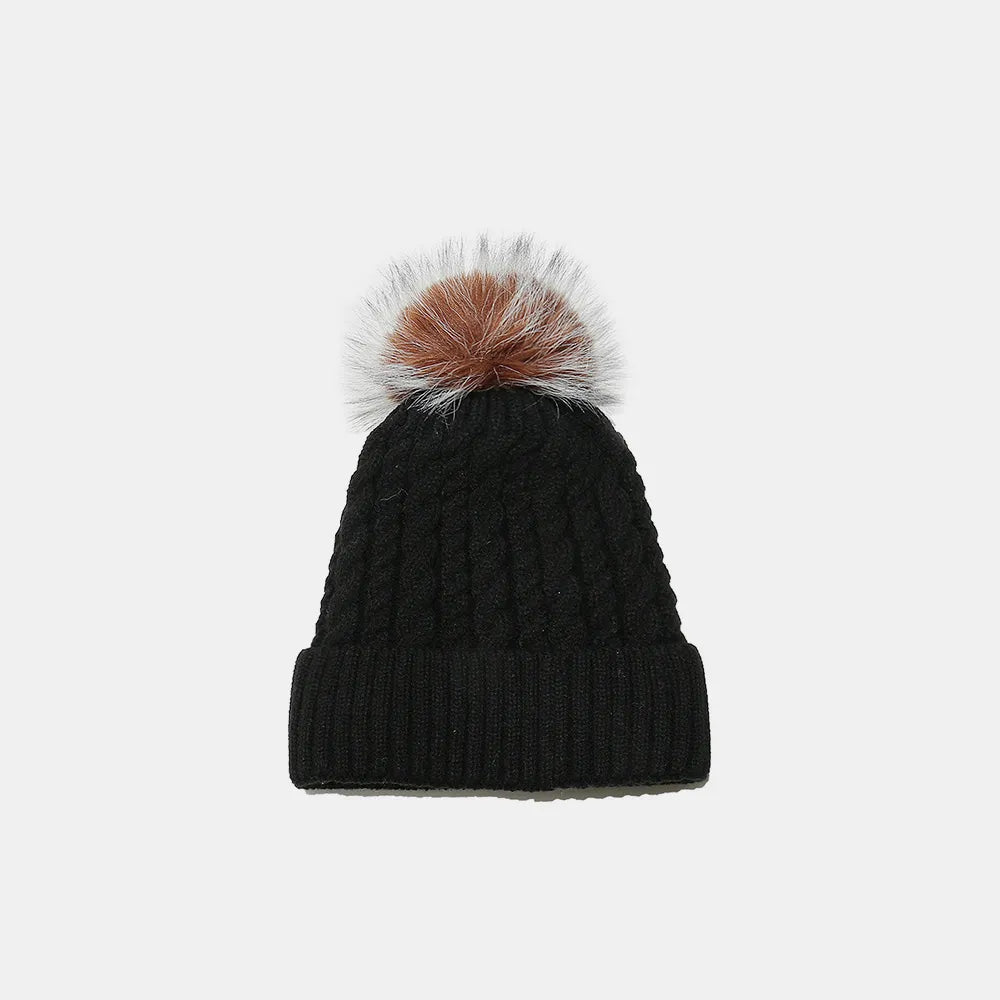 Cable Knit Winter Hat with Pompom - Black One Size