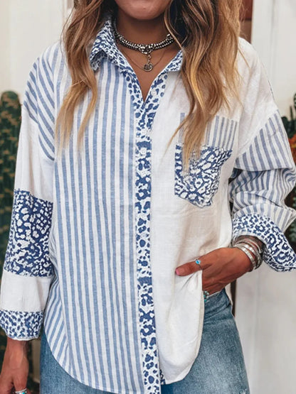 Striped Patchwork Button Down Shirt - Light Blue