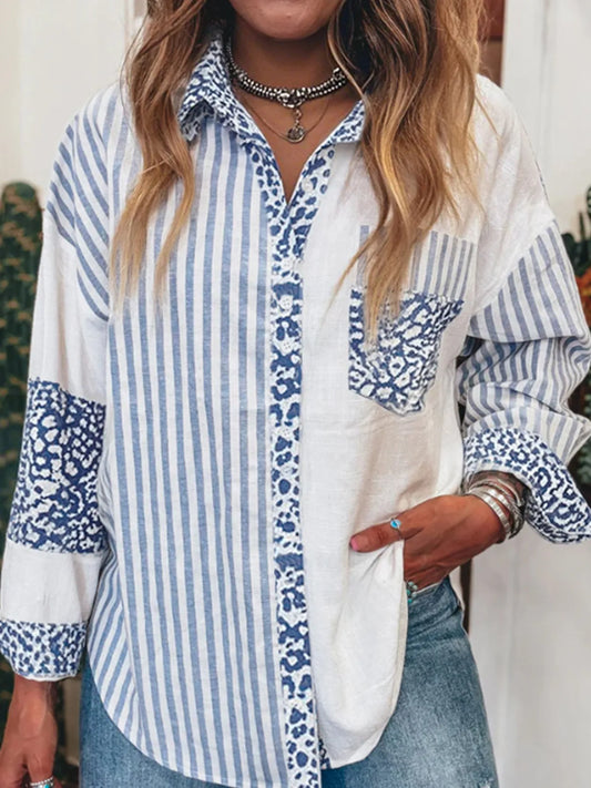 Striped Patchwork Button Down Shirt - Light Blue