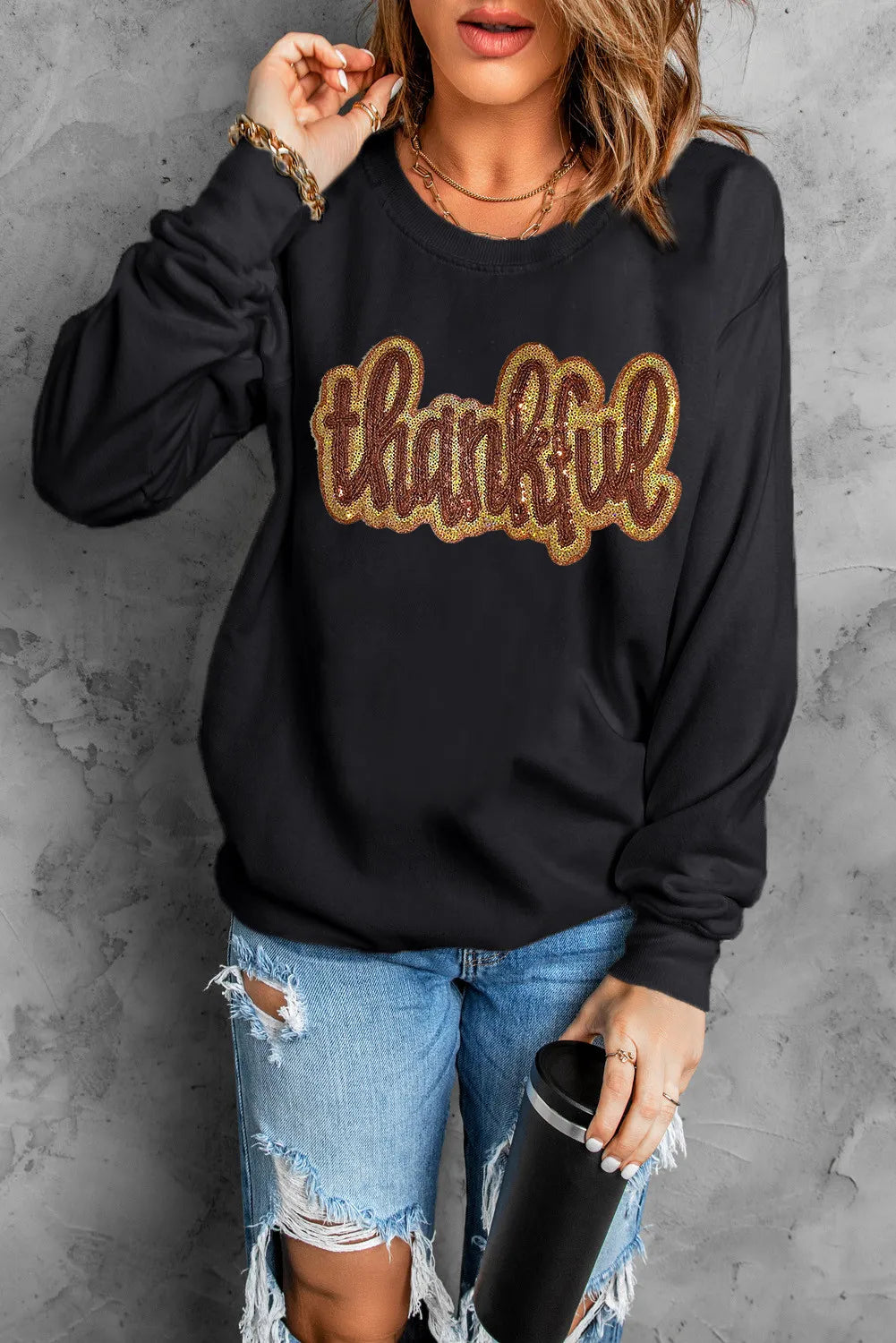 THANKFUL Round Neck Sweatshirt - Black