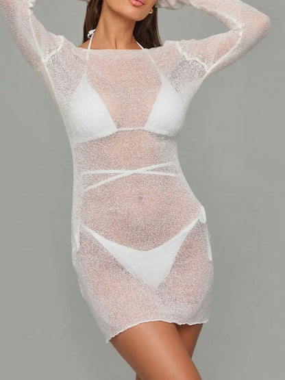 Sheer Backless Long Sleeve Mini Cover-Up Dress -