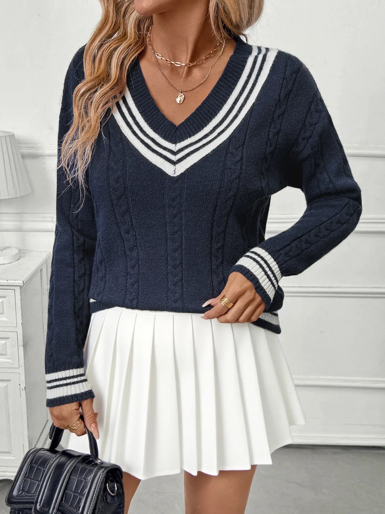 Contrast Striped V-Neck Sweater -