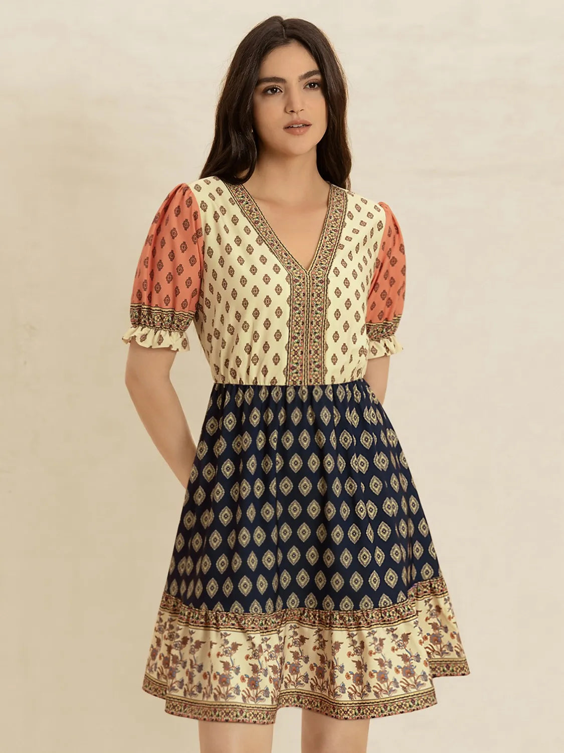 Printed V-Neck Short Sleeve Dress -