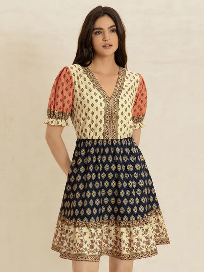 Printed V-Neck Short Sleeve Dress -
