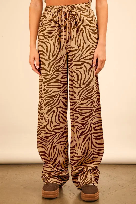 Animal Print Linen Wide Leg Pants - Taupe