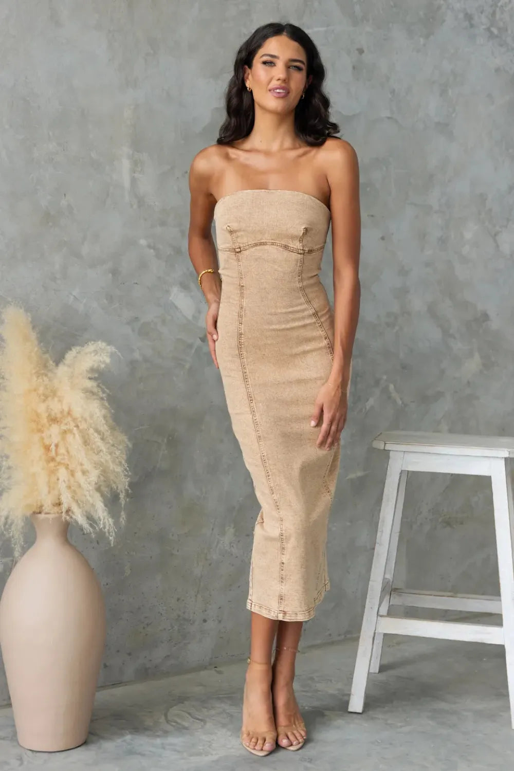 Washed Slit Back Tube Denim Dress -
