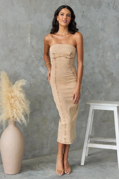 Washed Slit Back Tube Denim Dress -