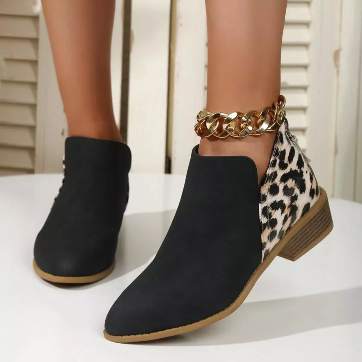 Leopard Point Toe Block Heels Boots - Black