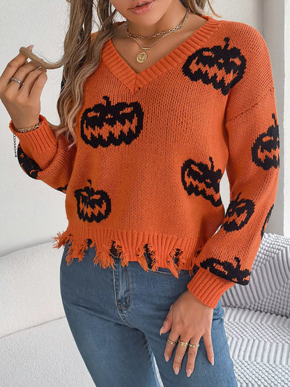 Pumpkin Pattern Raw Hem V-Neck Sweater - Orange