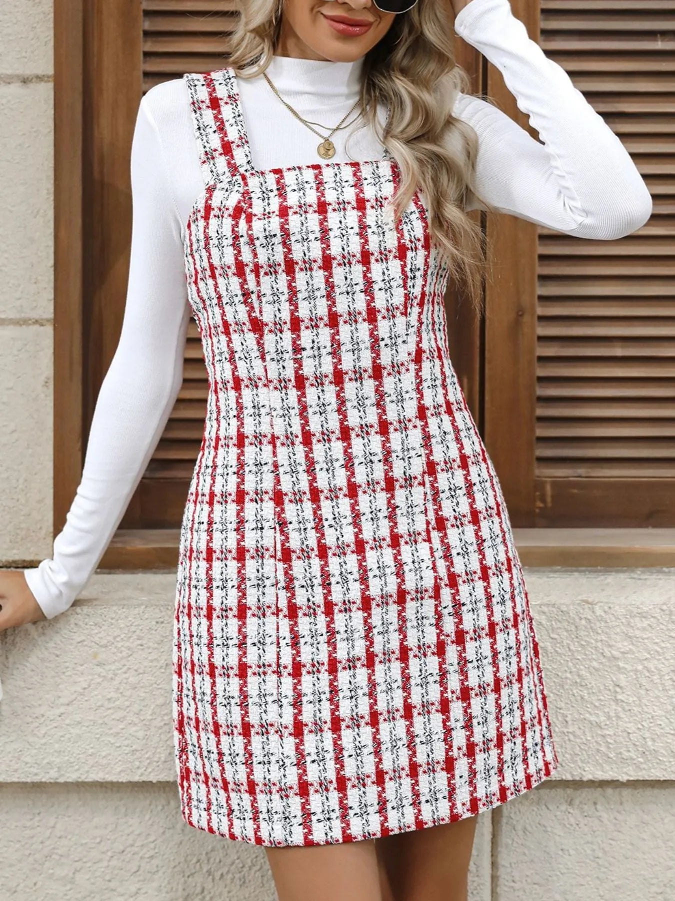 Plaid Tweed Square Neck Mini Dress - Scarlet