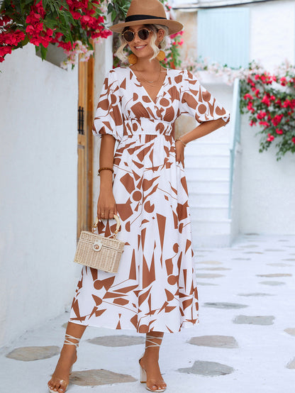 Printed Surplice Balloon Sleeve Dress | AdoreStarr