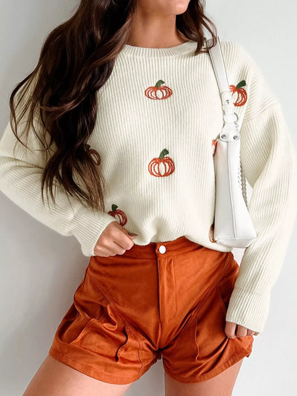 Pumpkin Embroidered Long Sleeve Sweater - Cream