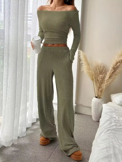 Ribbed Knit Boat Neck Top and Pants Set - Army Green