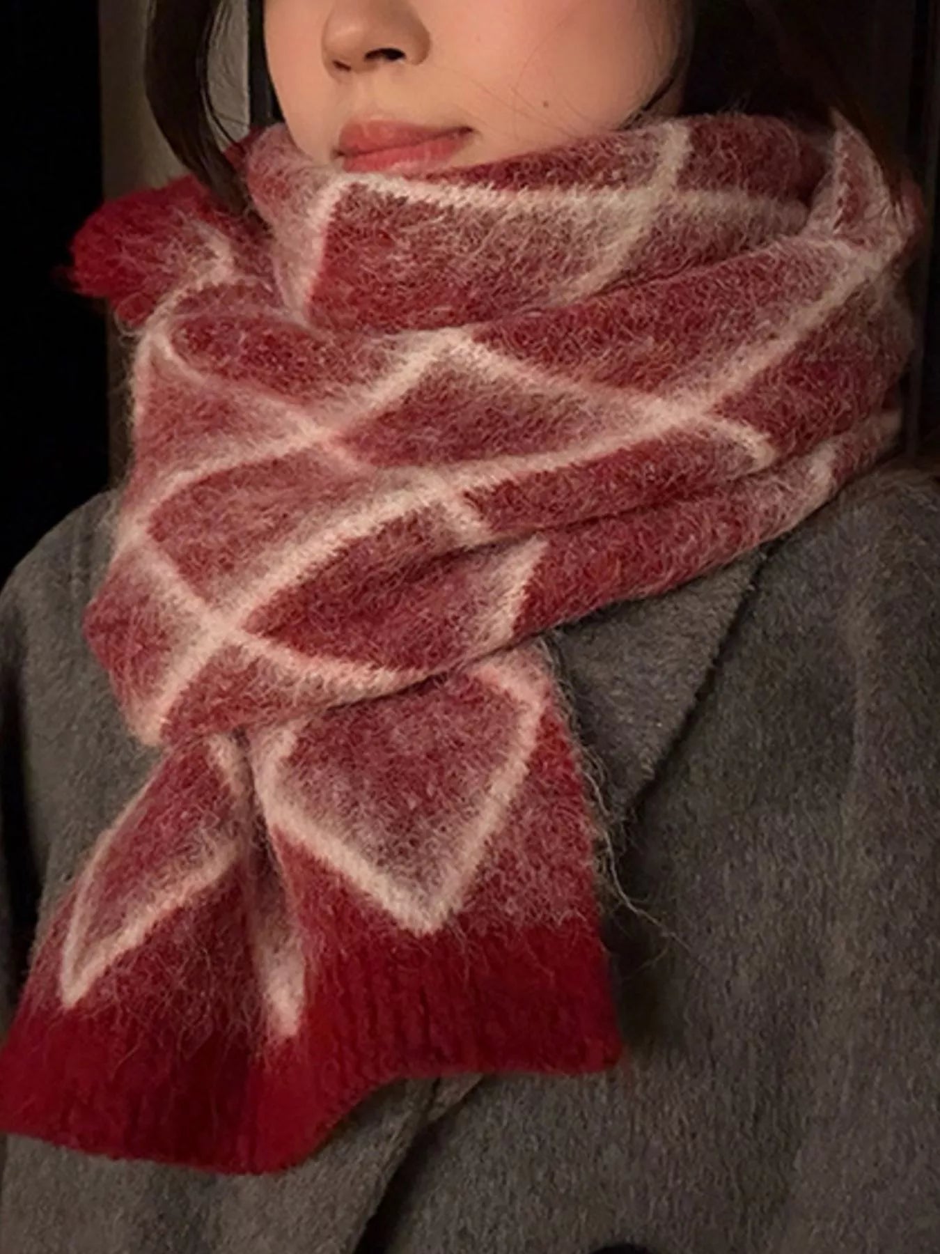 Diamond Pattern Fuzzy Knit Scarf - Red One Size