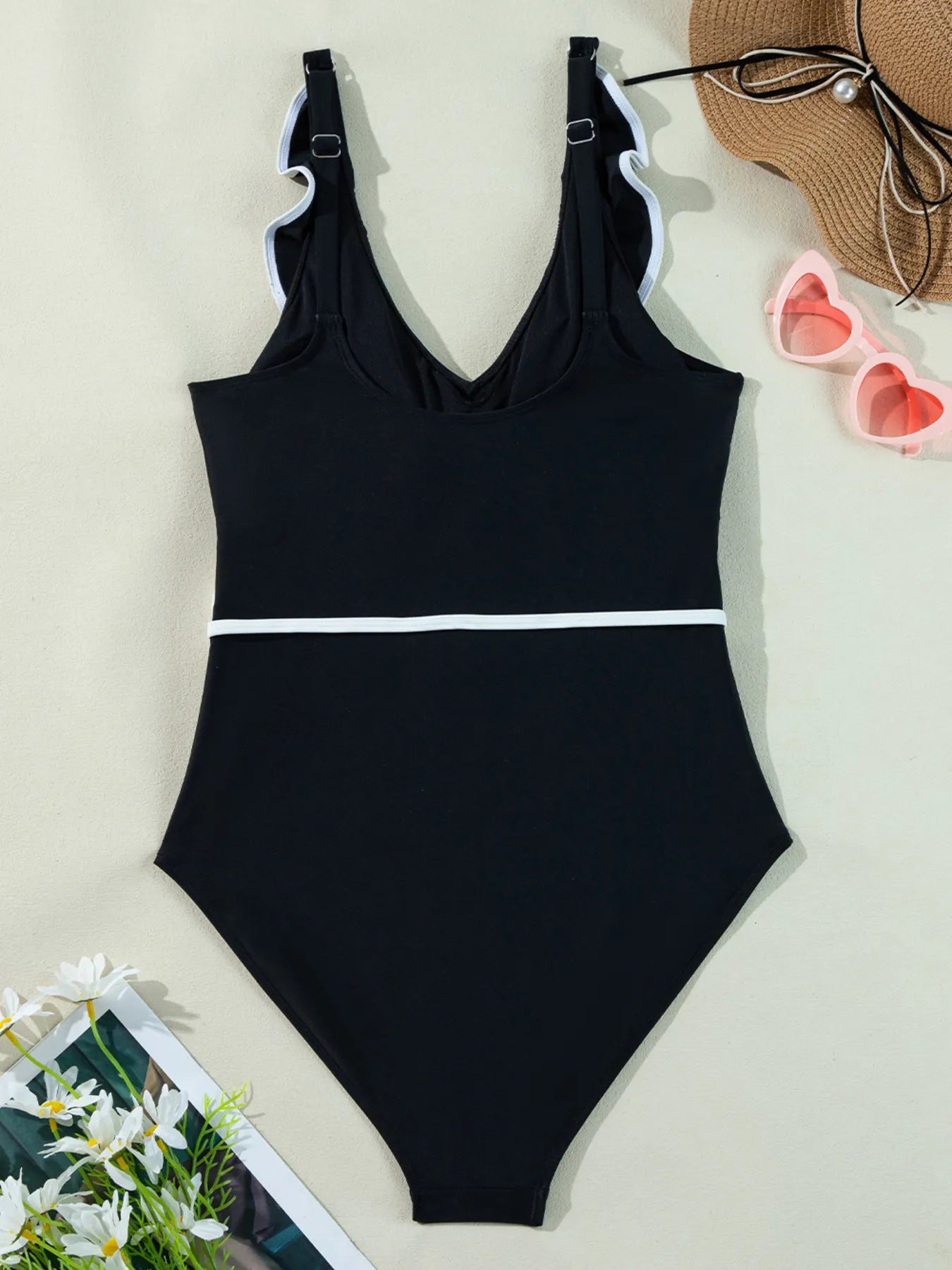 Ruffle Trim V-Neck One-Piece Swimsuit -
