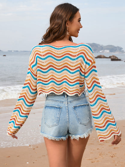 Striped Boat Neck Long Sleeve Cover-Up | AdoreStarr